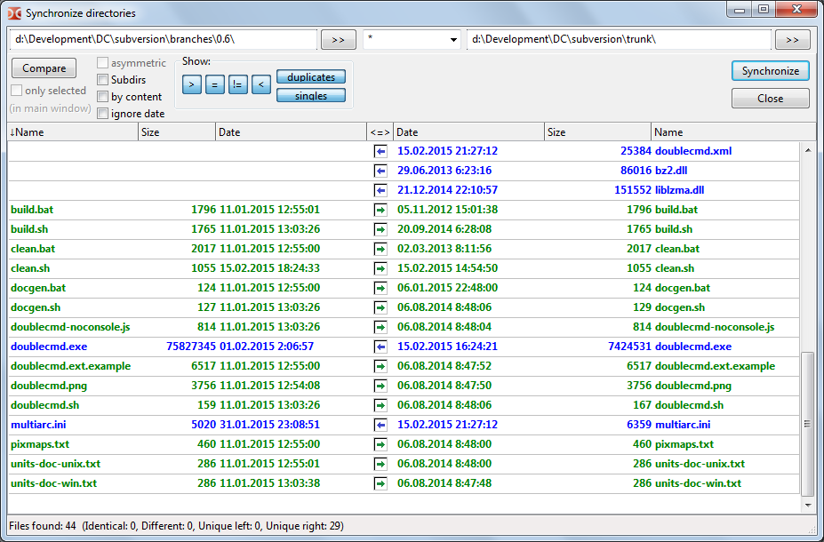 Synchronize directories dialog