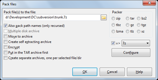 Pack files dialog