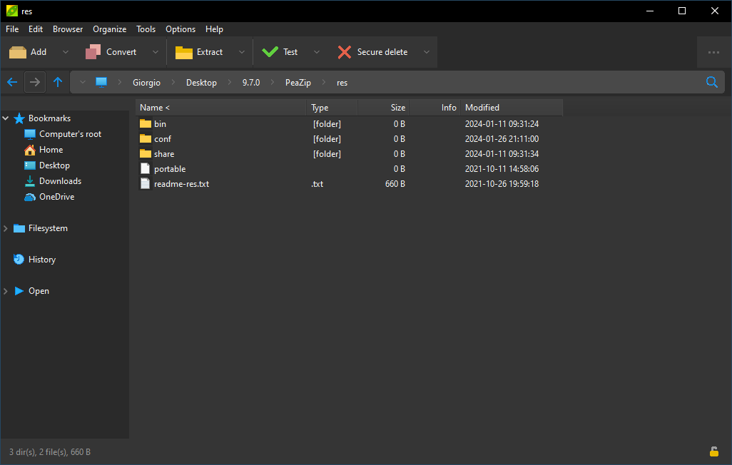 PeaZip on Windows, dark mode