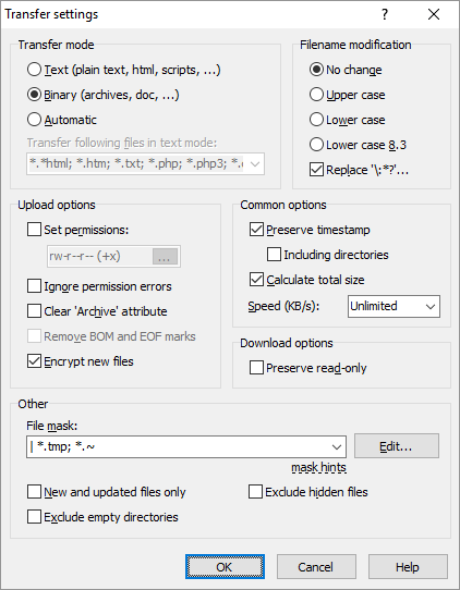 Window for Setting Transfer Options